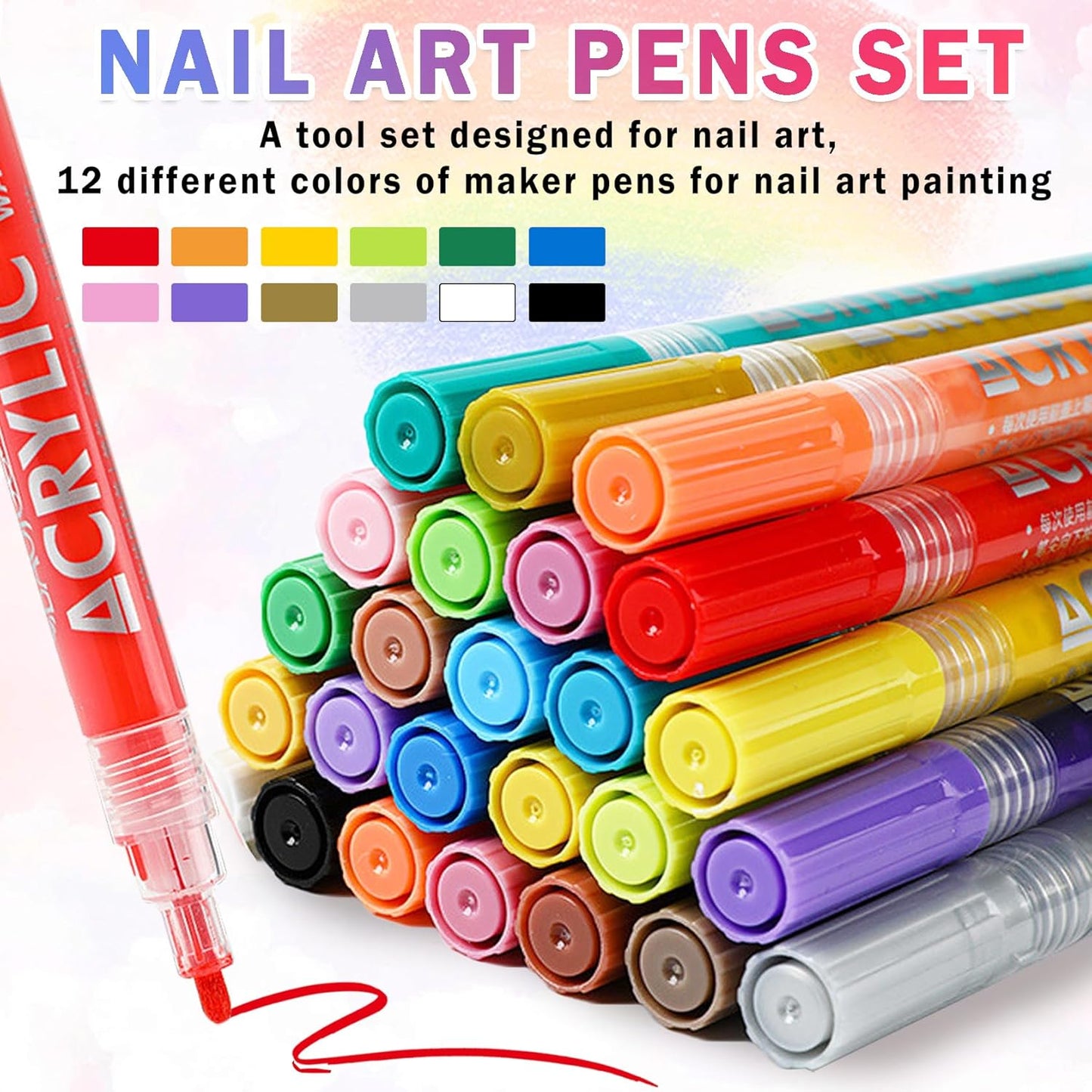12 Colors Nail Art Pens Set Nail Polish Pens Nail Art Drawing Pen Quick Dry Waterproof Nail Art Painting Pens kit for Home DIY Nail Art Design