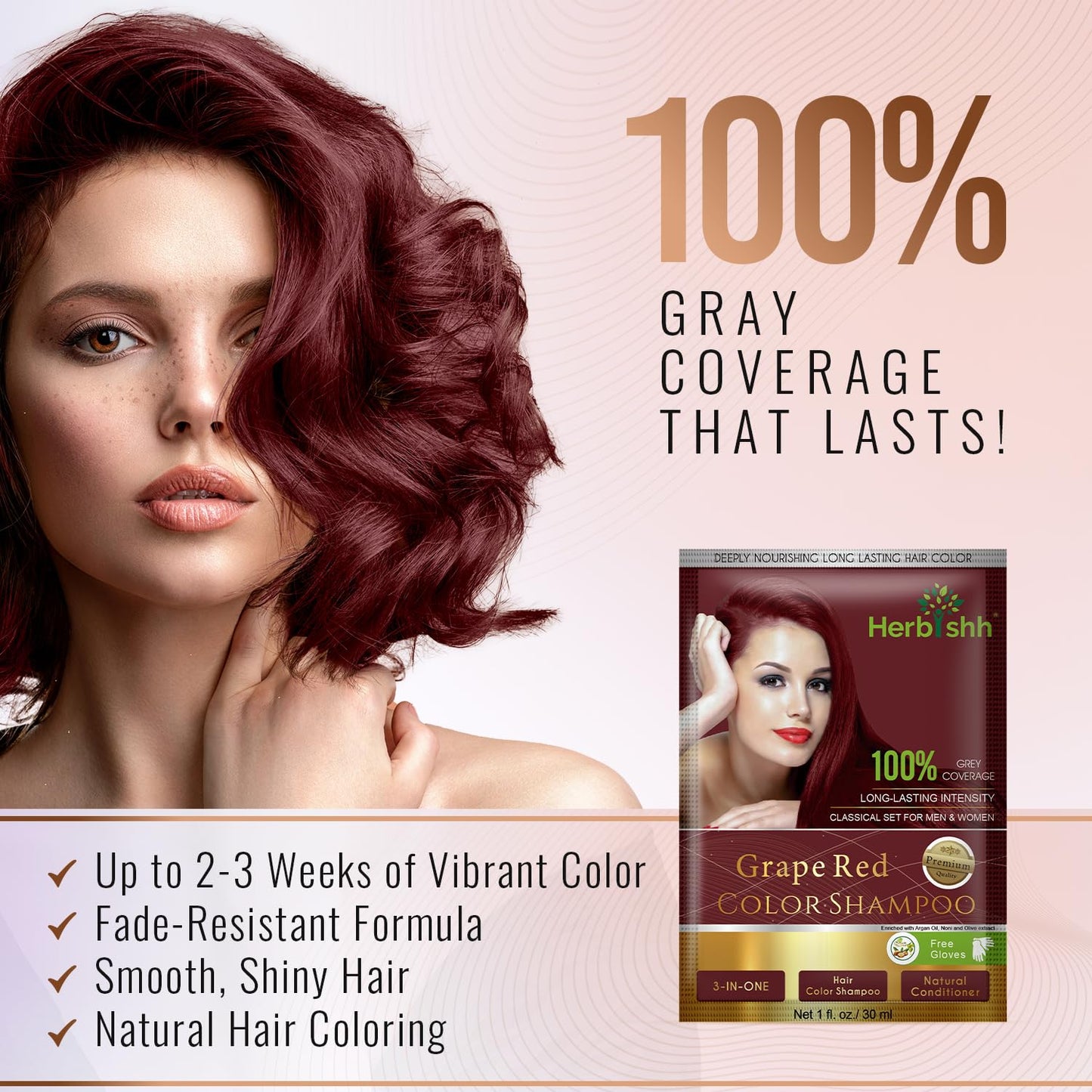 Herbishh Argan Hair Mask Shampoo - Natural Hair Dye for Gray Hair - Long-Lasting Color in Minutes - Travel Size - Ammonia-Free - 10+1 Pack (Grape Red)