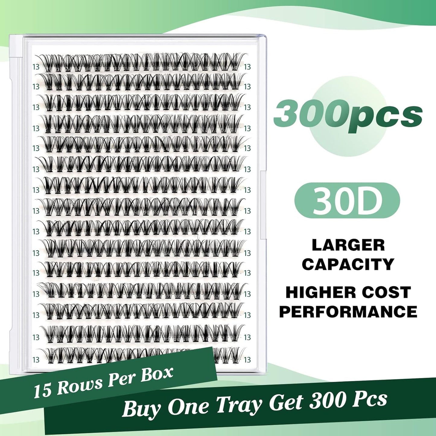 Lash Clusters 300pcs Individual Lashes 30D 0.07D Curl 13mm DIY Eyelash Extension KEYYOU Large Tray Volume Soft&Natural Cluster Lashes(30D-0.07D,13）