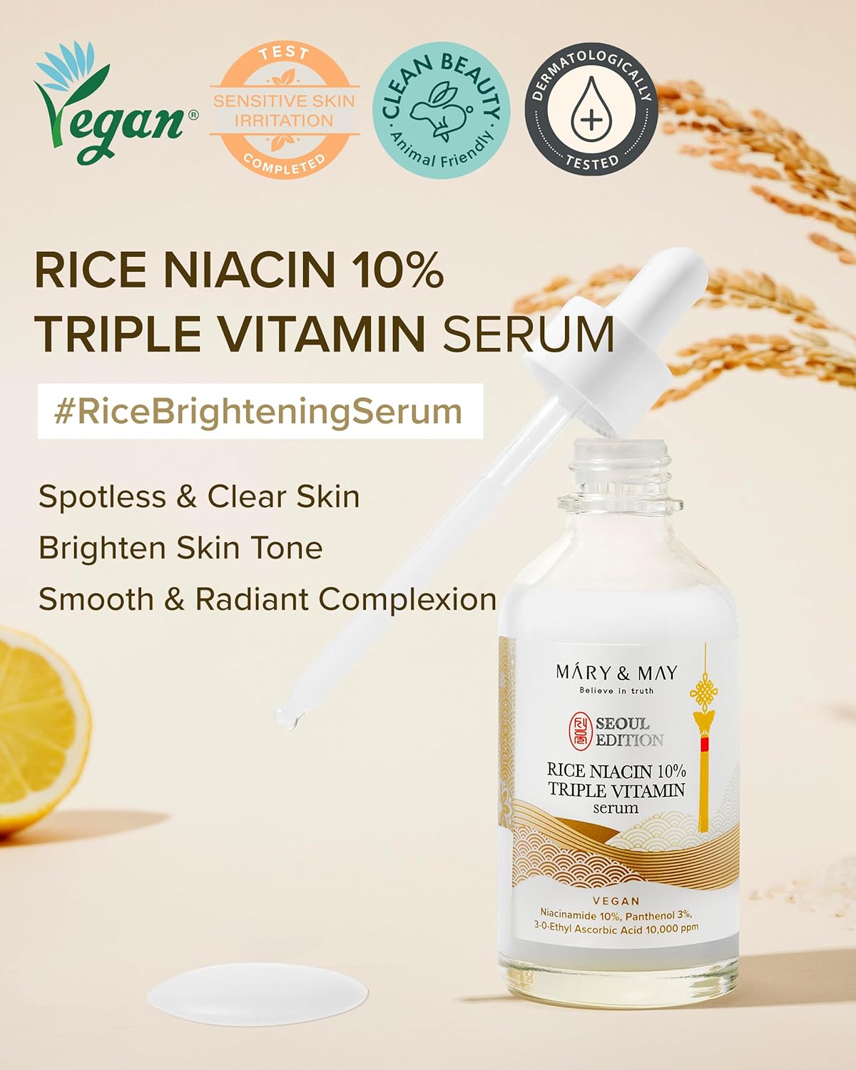 Mary&May SEOUL EDITION Rice Niacin 10% Triple Vitamin Serum - Korean Radiance Serum for Even Skin Tone and Healthy Glow - Niacinamide, and Vitamins - Fragrance-Free, Cruelty-Free, 2.7 fl.oz.