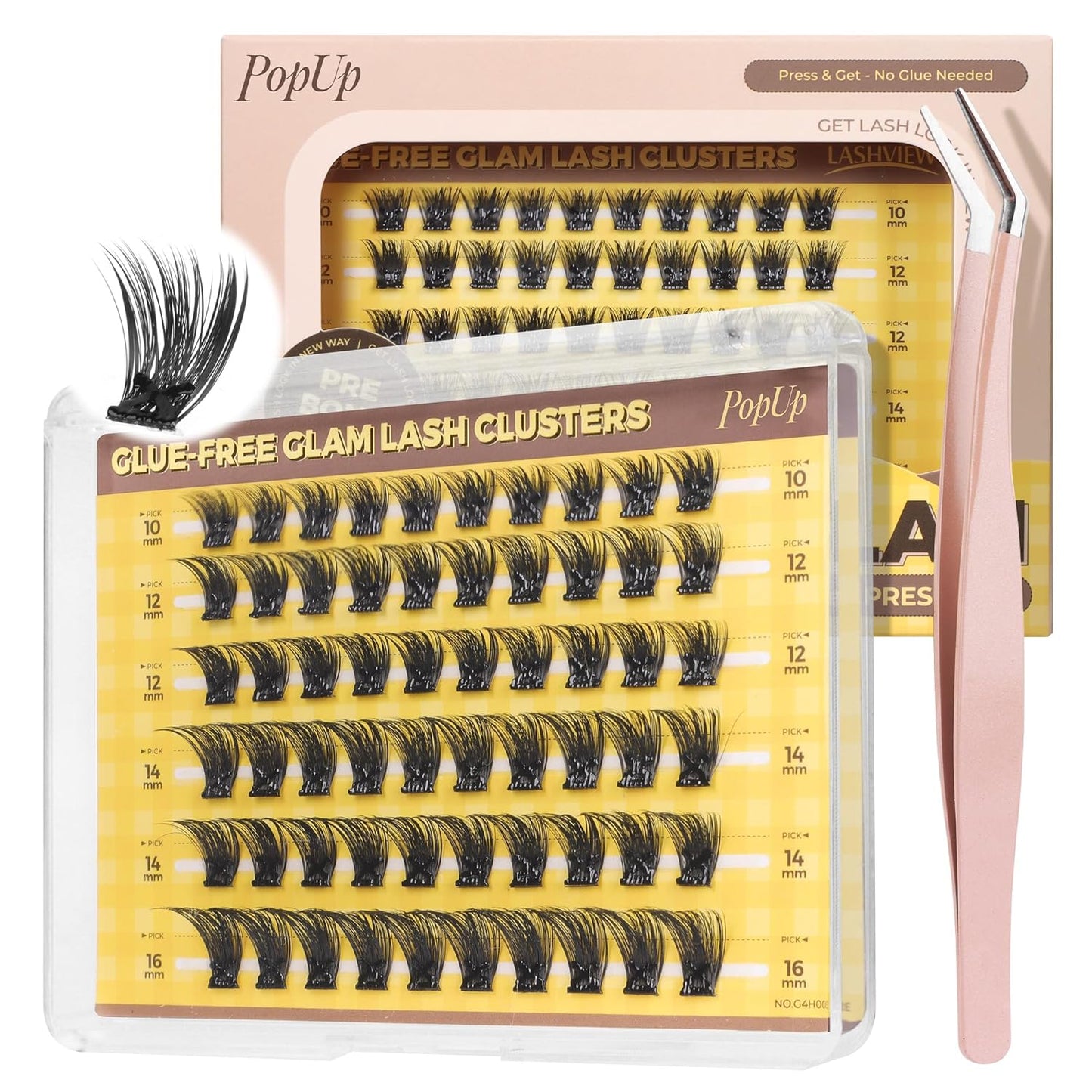 PopUp Self Adhesive Eyelashes Clusters, Press On Lashes Pre Glued Eyelash Extension Kit with Lash Tweezer,10-16mm No Glue No Remover Needed Self Adhesive Lashes Clusters NM03