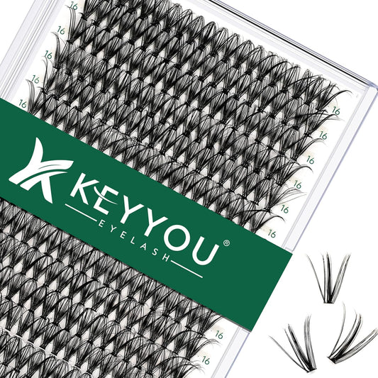 Lash Clusters 300pcs Individual Lashes 30D 0.07D Curl 16mm DIY Eyelash Extension KEYYOU Large Tray Volume Soft&Natural Cluster Lashes(30D-0.07D,16）