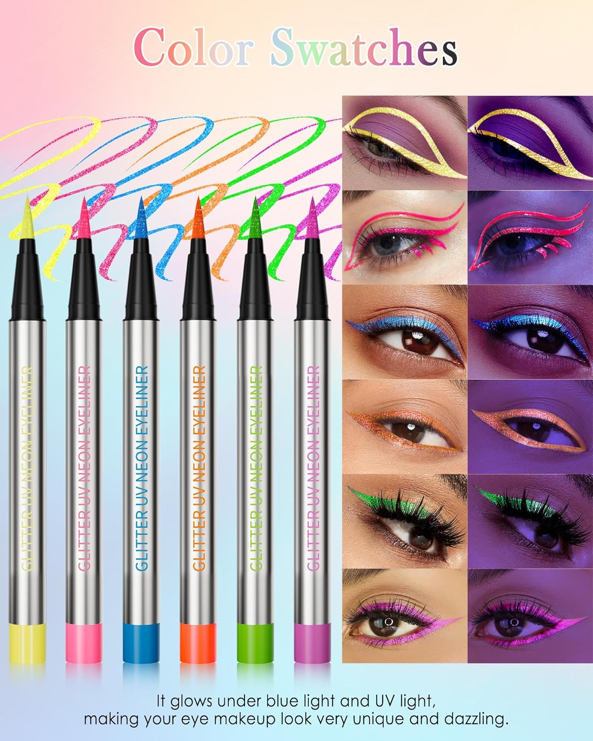Glitter UV Neon Eyeliner Pencil, Waterproof Smudge-Proof Orange Eye Liner Liquid Pen, High-Pigment Shimmer Eyeliner Pen Long-Lasting Colorful Professional Makeup,Halloween Rave Party Gift for Women-04