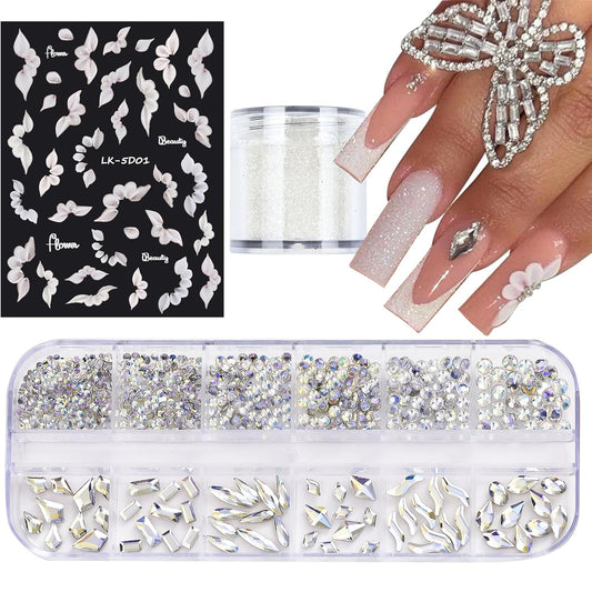 Nail Art Rhinestones for Nails, Flatback Multi Shape Gems 3D Flowers Nail Charms Mixed Nail Glitter Powder Nail Supplies Moonlight Crystal Jewelry Nail Accessories for Women Nail Decorations Design.