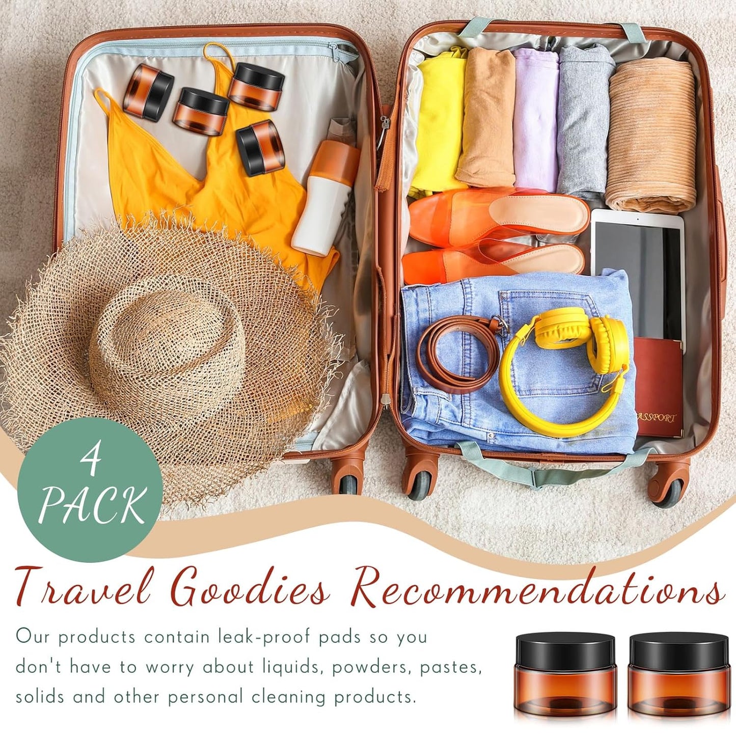 Patelai 4 Pieces Round Wide-mouth Leak Proof Plastic Container Jars with Lids for Travel Storage Makeup Beauty Products Face Creams Oils Salves Ointments DIY Making(1 Ounce,Amber)