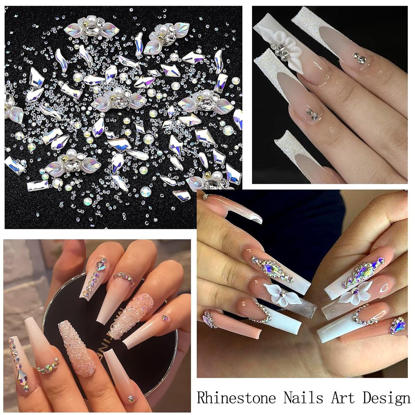 Rhinestones for Nails, Flatback Multi Shape Gems 3D Flowers Nail Charms Mixed Nail Glitter Powder Supplies Moonlight Crystal Jewelry Accessories for Women Manicure Decorations Design