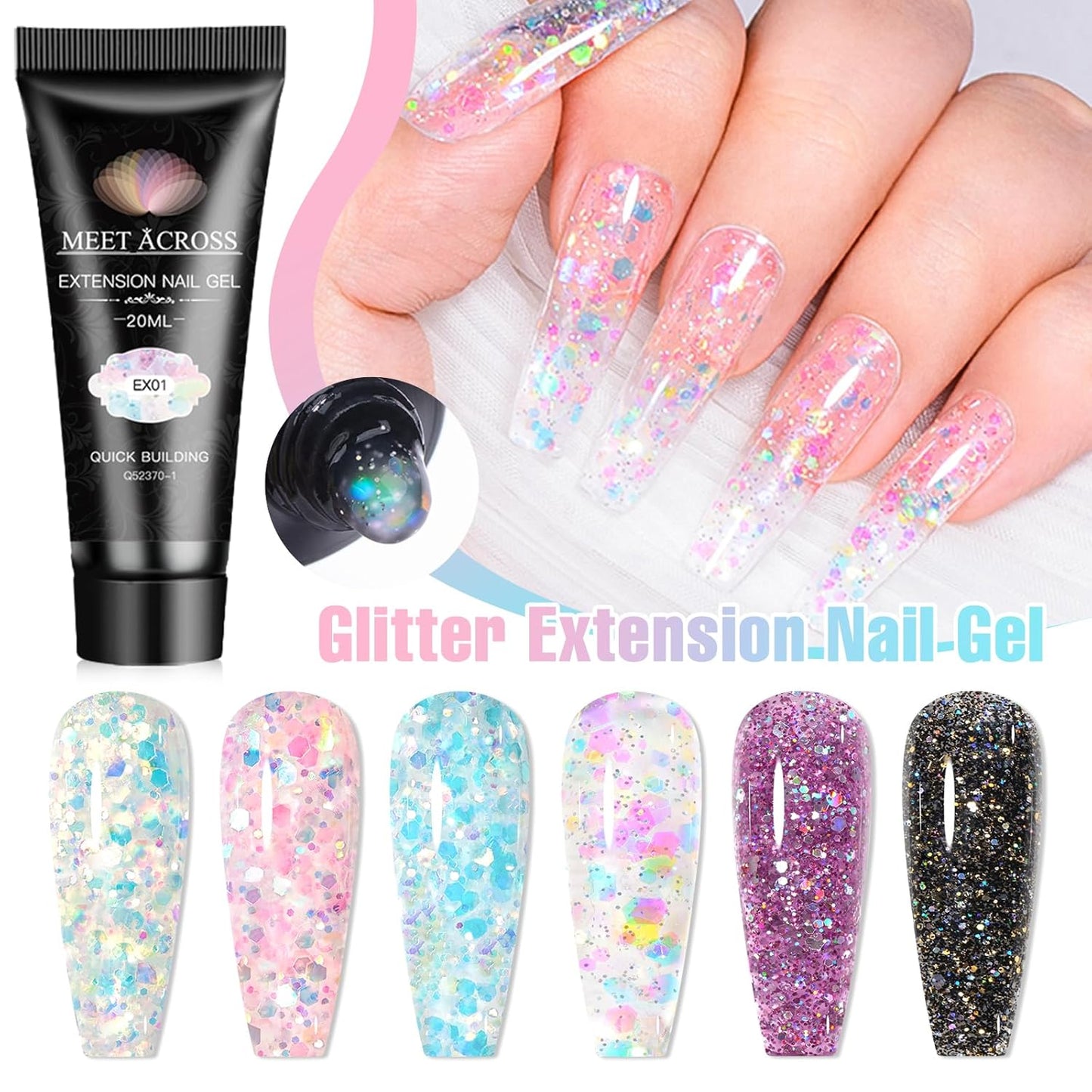 MEET ACROSS Poly Nail Gel Kit - 6 Colors Long-Lasting Glitter Poly Extension Gel, Shiny Sequins Builder Extension Nail Gel Set, Soak Off UV LED Nail Art at Home Salon