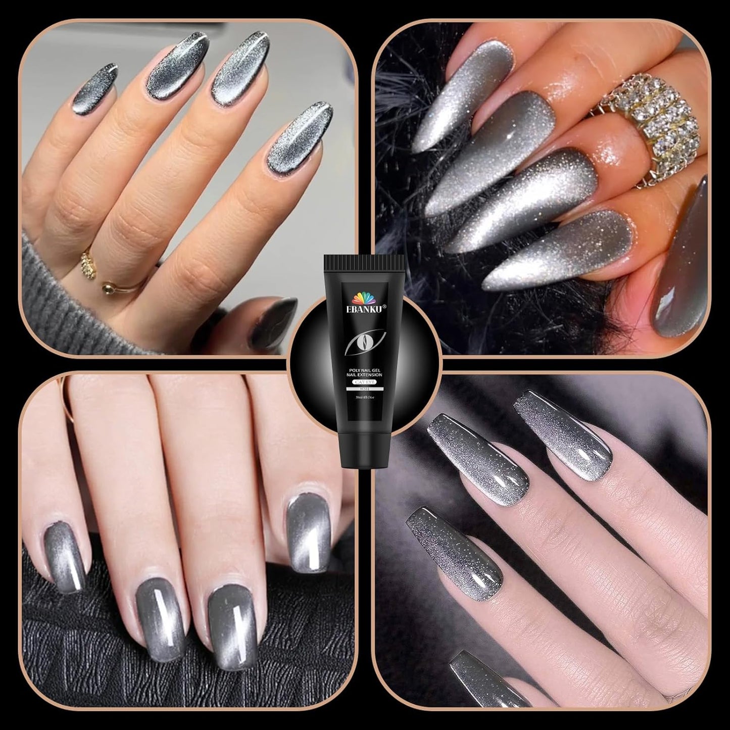 EBANKU Poly Gel 60g, Silver Cat Eye Builder Nail Extension Enhancement Gel for Beginner & Professional Nail Art Salon DIY at Home