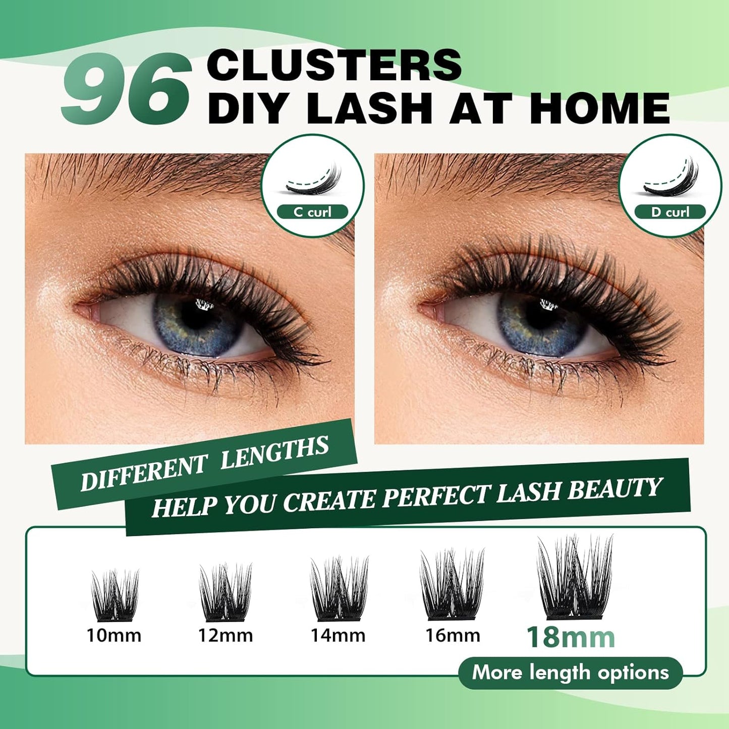Lash Clusters 96pcs Individual Lashes D Curl 10mm Cluster Lashes KEYYOU Volume Wispy Lash Extension Soft&Comfortable Easy DIY at Home(Y10,D-10mm)