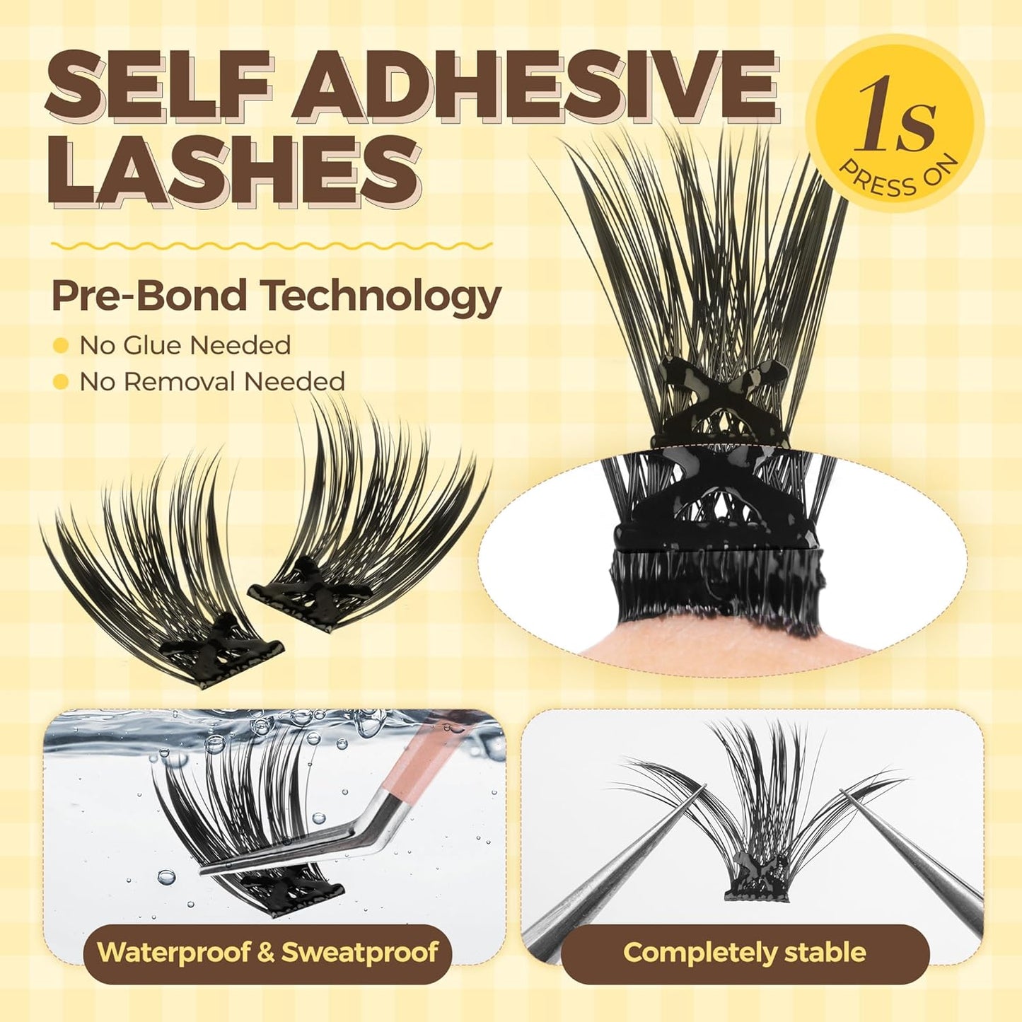 PopUp Self Adhesive Eyelashes Clusters, Press On Lashes Pre Glued Eyelash Extension Kit with Lash Tweezer,10-16mm No Glue No Remover Needed Self Adhesive Lashes Clusters NM03