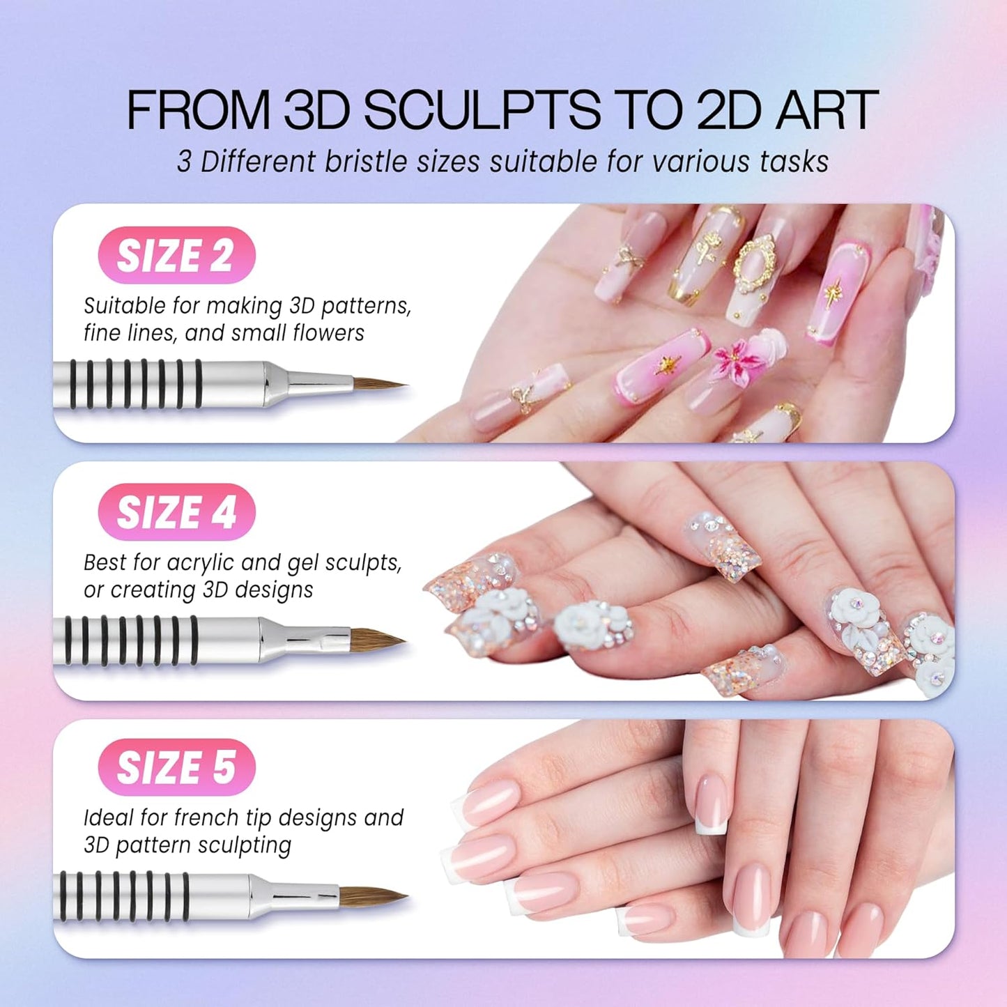 PANA 3D Kolinsky Acrylic Nail Art Sculpture Brush with Silver Metal Non-Slip Grip Handle for Manicures 3D Nail Art Flower Designs (Size #5)