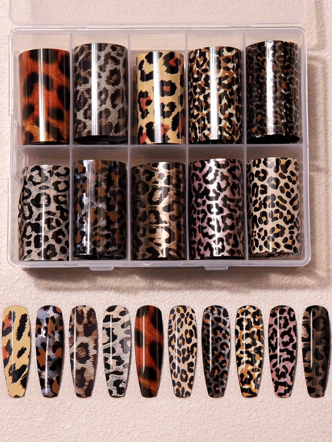 10 Rolls Leopard Print Nail Art Foils Transfer Stickers Animal Print Adhesive Decals Snake Cheetah Print Nail Foils Holographic Stickers Fall Nail Art Supplies for Women Autumn Nail Decorations