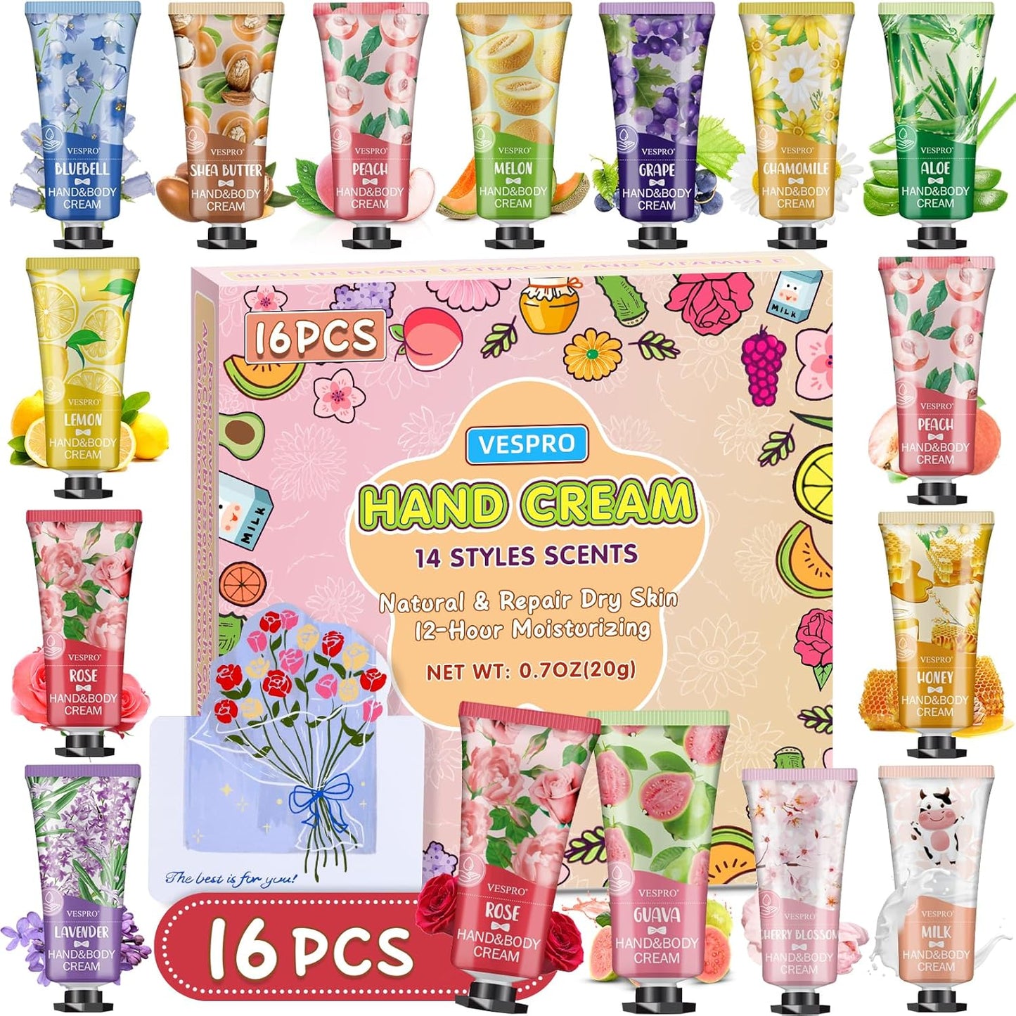 VESPRO 16 Pack Hand Cream Gifts Set, Birthday Gifts, Bridesmaid Gifts, Bulk Hand Lotion Travel Size for Dry Cracked Hands, Mini Hand Lotion for Thank You Gift and Mom Gifts with a Greeting Card