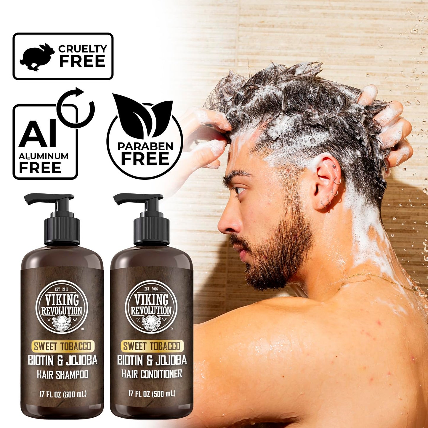 Viking Revolution Sweet Tobacco Mens Shampoo and Conditioner Set with Biotin and Jojoba Oil - Natural Hair Shampoo and Hair Conditioner for Men with Vitamin B5 - Mens Shampoo for Thinning Hair (17Oz)