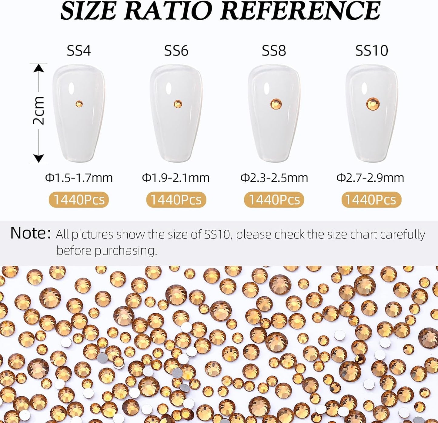 Topaz Flatback Rhinestones, Glass Rhinestones for Nail Art and Craft, Glue Fix, Loose Crystal Gemstones(Topaz, SS8, 1440pcs, 2.3-2.5mm)