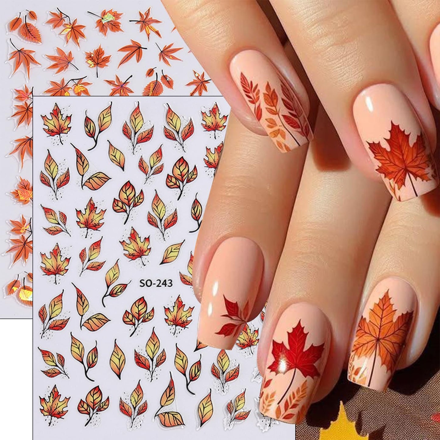 10 Sheets Fall Nail Art Stickers Decals Thanksgiving Nails Decals Autumn Maple Leaf Nails Stickers Self-Adhesive Maple Leaves Nail Art Decals for Women