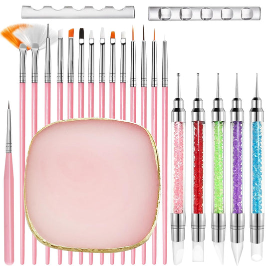 Nail Art Brushes, 23Pcs Set Nail Art Tools, including 2 Way Nail Art Sculpture Pen Dotting Pen Tools, Nail Art Brushes with Nail Brush Brackets, Resin Nail Art Palette for Nail Art DIY Tools (Pink)