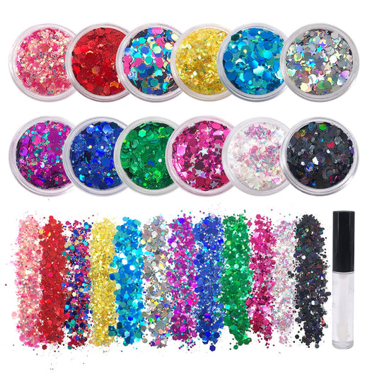 12 Pack - Multi-Colored Face & Body Glitter - Glue Included - Rainbow Chunky Glitter - Uses Include: Festival Rave Makeup Face Body Nails Resin Arts & Crafts, Resin, Tumblers, Bath Bombs