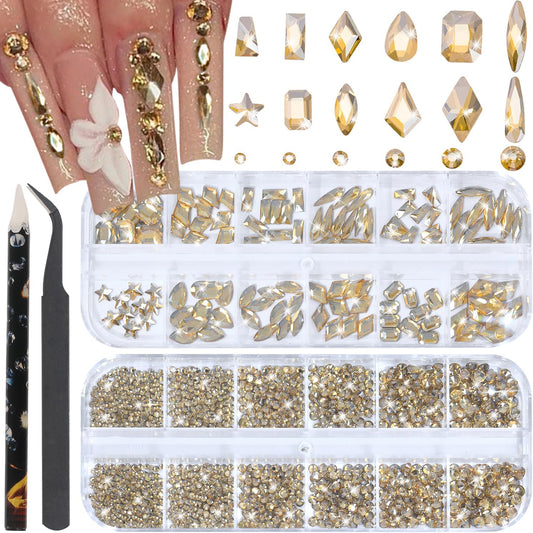 Nail Rhinestones - 3D Multi Shape Size, Flat Back, Manicure Rhinestones Charms, Champagne Gold Gems, with Kit, for Nail Art, Bedazzling Acrylic Nails, DIY Decor