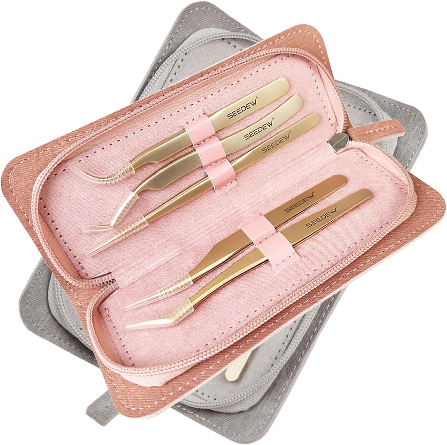 Tweezers Eyelash Extension 5 Pieces Stainless Steel Straight and Curved Professional Set Supplies with a Storage Bag for Lash Tech, Lash Artist Beginner Making Volume Classic Fans(Golden, Pink)