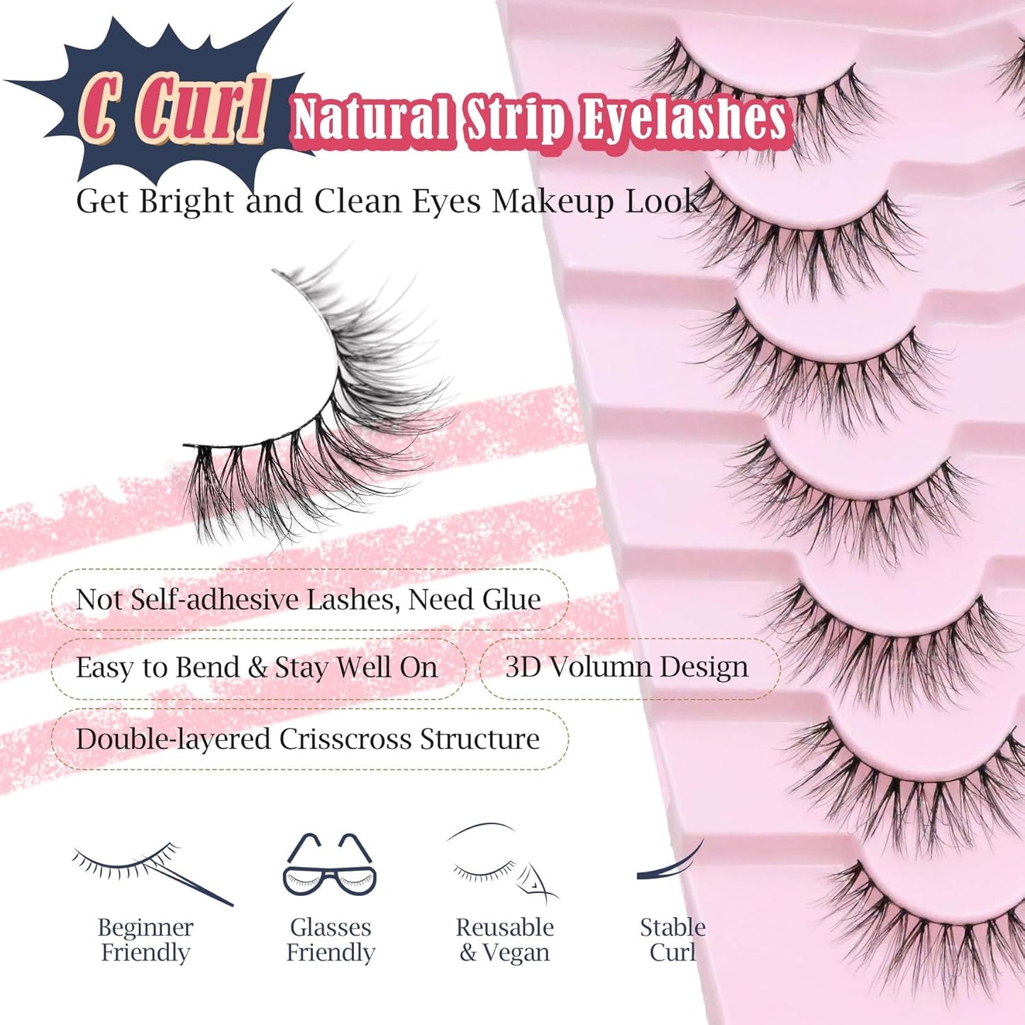 Natural Lashes False Eyelashes 10MM Short Lashes for Small Eyes C Curl Fake Eyelashes Thin Cotton Band 3D Volume Strip Lash Pack Soft Eyelashes 7 Pairs Siligli