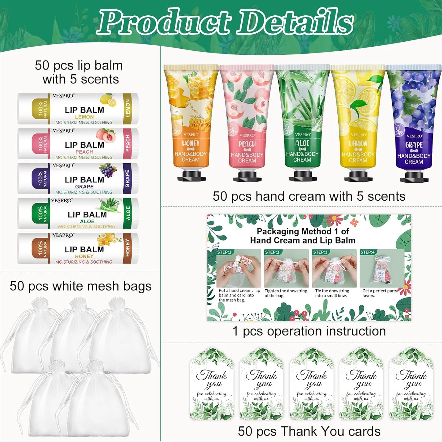50 Sets Hand Cream Bulk and Lip Balm Bulk Gifts, Bridal Shower Favors, Bridesmaid Gifts and Baby Shower Party Favors for Guests with Thank Card Organza Bags, Thank You Gifts and Small Gifts for Women