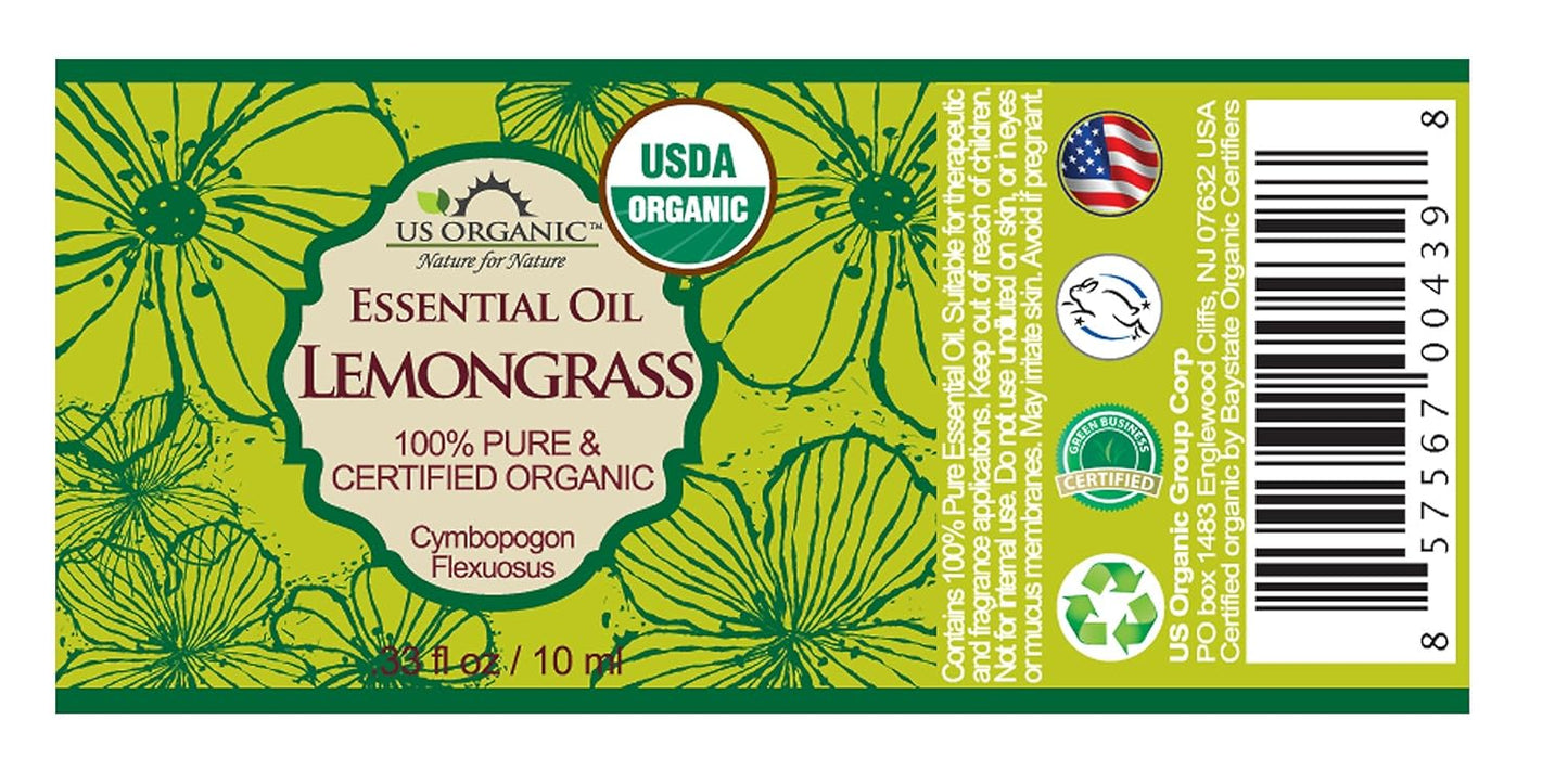 US Organic 100% Pure Lemongrass Essential Oil, USDA Certified Organic, Undiluted, Therapeutic Grade, Steam Distilled, for Aromatherapy, Freshening, and DIY Personal Care (10ml, Pack of 2)