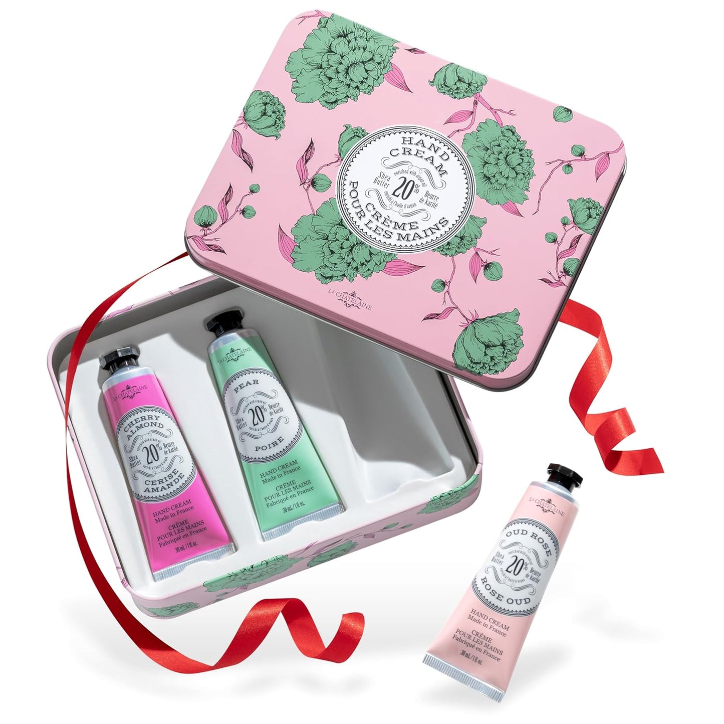 La Chatelaine Rose Hand Cream Trio Tin Gift Set, Ready-To-Gift Tin, Nautral, Made in France with 20% Organic Shea Butter, Nourishing and Moisturizing (Cherry Almond, Pear, Oud Rose)
