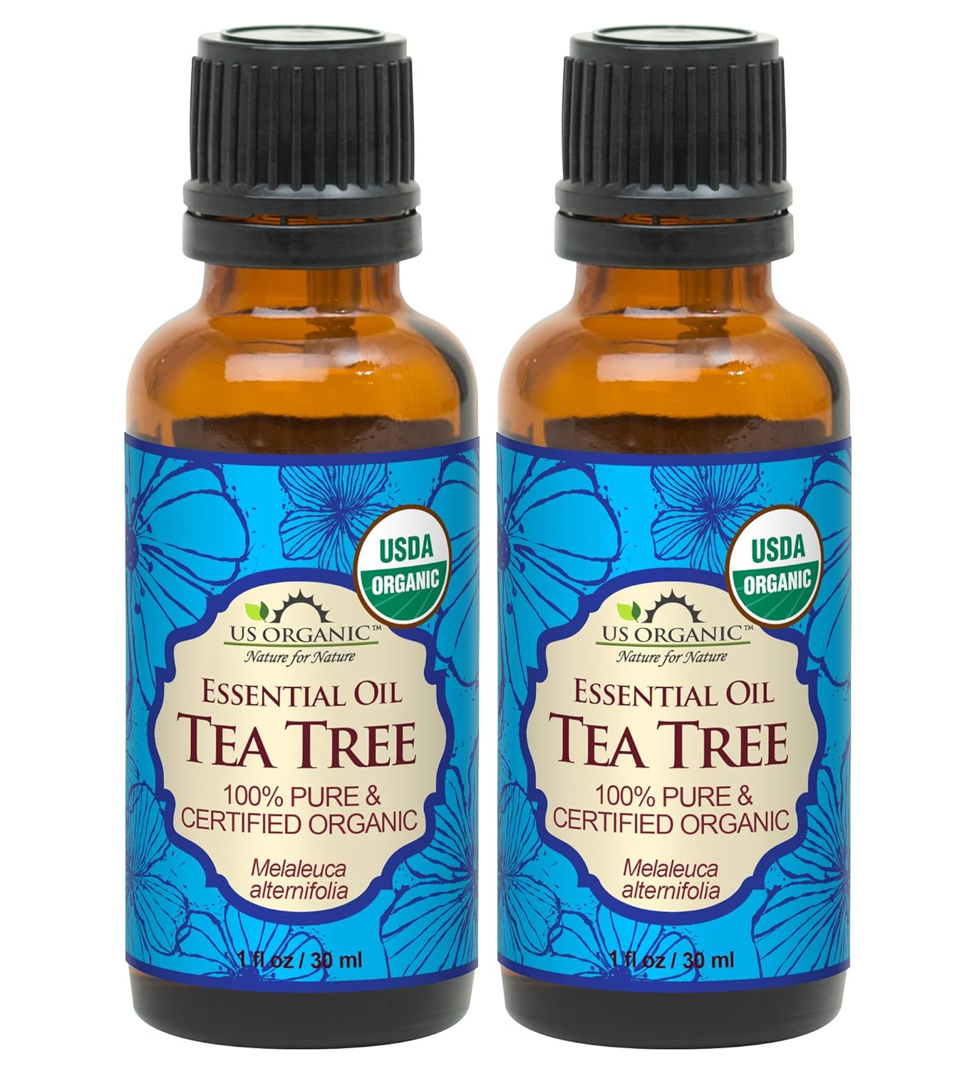 US Organic 100% Pure Tea Tree Essential Oil, Steam Distilled, USDA Certified Organic, for Hair, Skin, Scalp, Foot, Toenails, and Nail Polish - 30 ml, 2 Pack