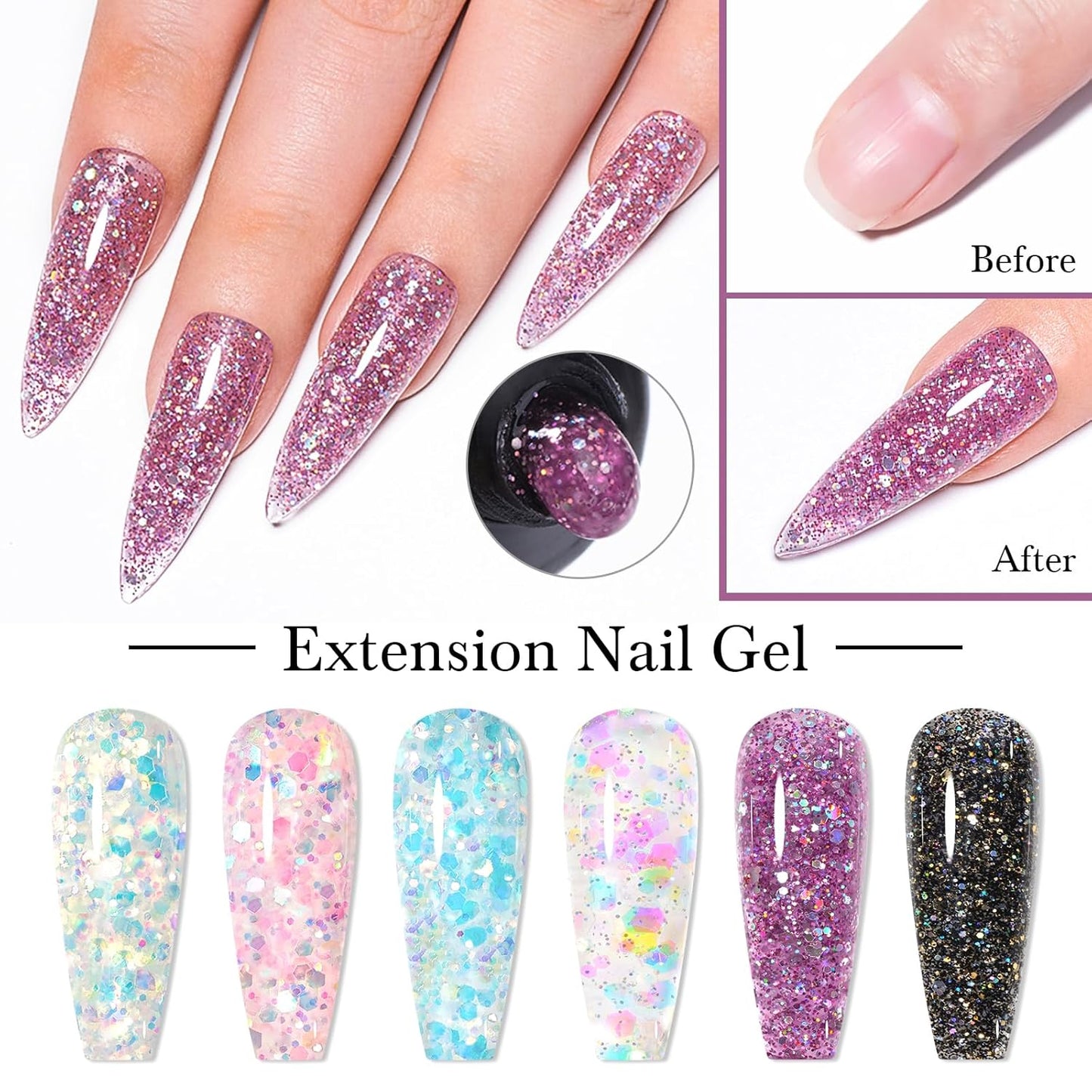 MEET ACROSS Poly Nail Gel Kit - 6 Colors Long-Lasting Glitter Poly Extension Gel, Shiny Sequins Builder Extension Nail Gel Set, Soak Off UV LED Nail Art at Home Salon