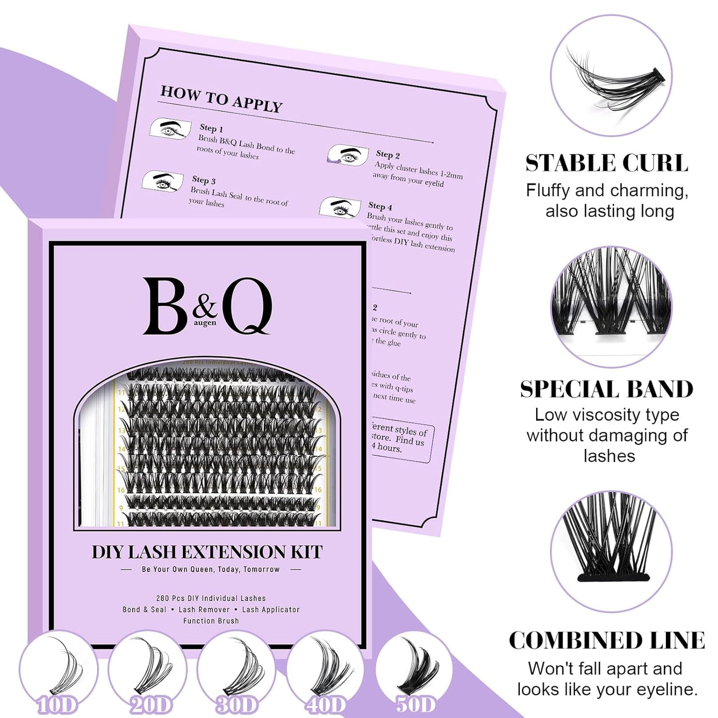 B&Q Lash Clusters Kit 280PCS Eyelash Clusters Kit,40D 50D C 9-16MIX Individual Lash Comfortable Eyelash Extension Set, Classic Look with Bond and Seal Waterproof, Remover DIY at Home(Set,40D+50D)