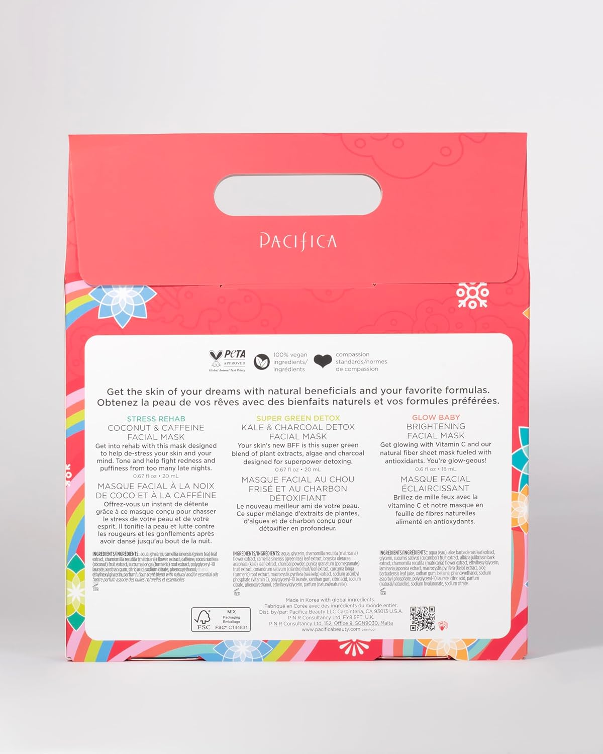 Pacifica 3-Pack Face Sheet Mask Variety Set – Brightening Vitamin C, Green Detox & Stress Rehab Hydrating Masks for Glowing Skin, Holiday Beauty Gift for Women Teens Girls, Vegan Clean Skincare