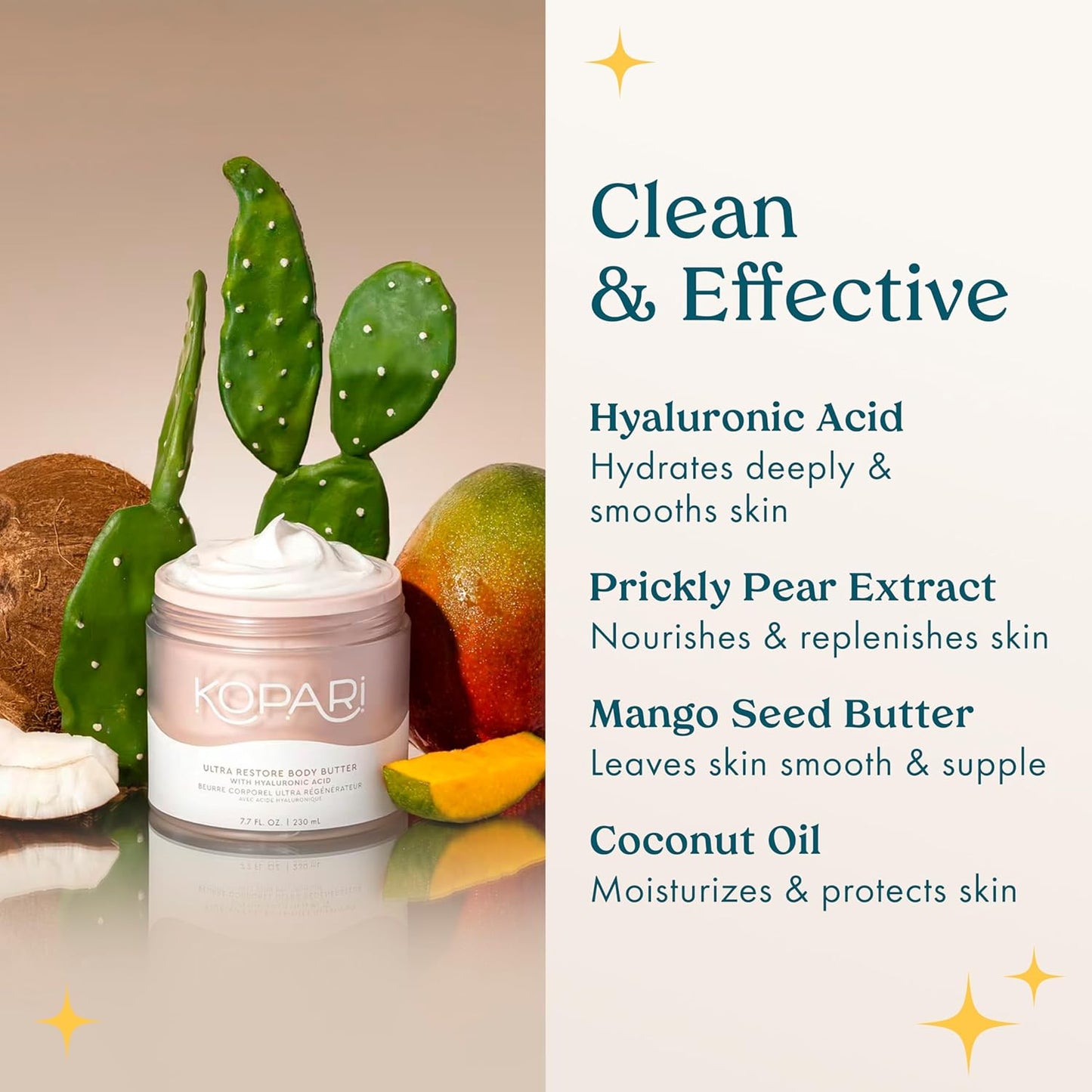 Kopari Ultra Restore Body Butter, Whipped Lightweight Formula, Hyaluronic Acid & Mango Seed Butter, Deep & Long-Lasting Moisture, Coconut 7.7 oz