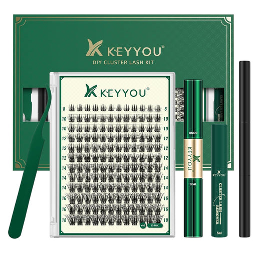DIY Lash Extension Kit KEYYOU 144pcs Lash Clusters Eyelash Extension Kit with Mascara Brush Bond and Seal Lash Glue Remover Lash Applicators Lash Brush for DIY Lash Extensions (Y08 Kit)