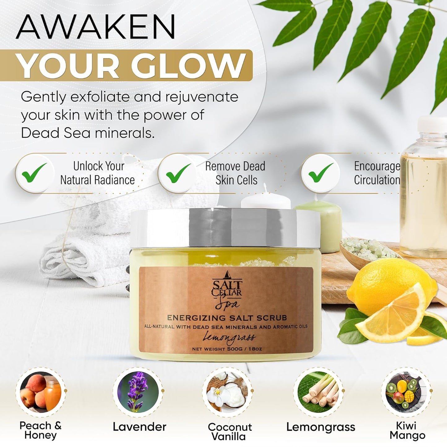 Salt Cellar Spa All-Natural Dead Sea Salt Scrub - Refresh with Coconut Vanilla - Energize, Revive, and Rejuvenate your Skin - Made in Israel, Cruelty-Free, 18 oz.