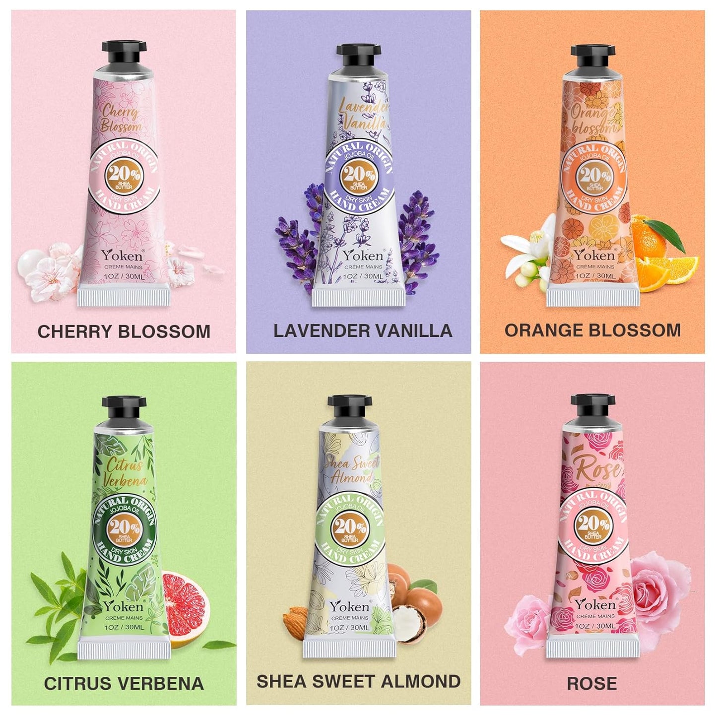 Yoken 20% Shea Butter Hand Cream Gift Set, Instant Moisturizing Hand Cream for Women Dry Hands with Delicate Tin, Floral-Scented Hand Lotion 6 x 1 OZ