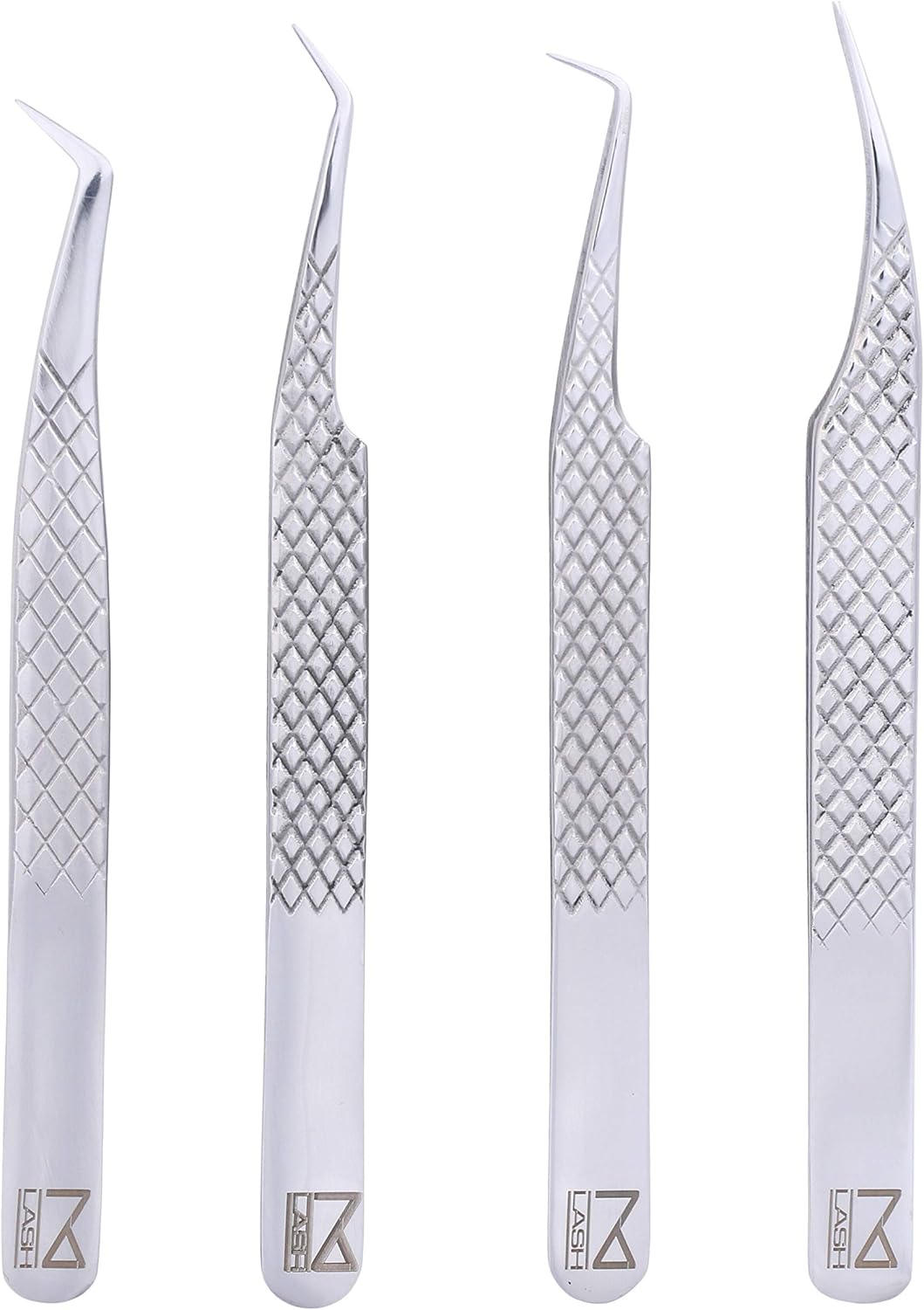 M LASH Eyelash Extension Tweezers (Set of 4) - Professional & Precision Lash Tweezers for Eyelash Extensions - Japanese Steel, Diamond Grip, Fiber Tip V3 (Silver)