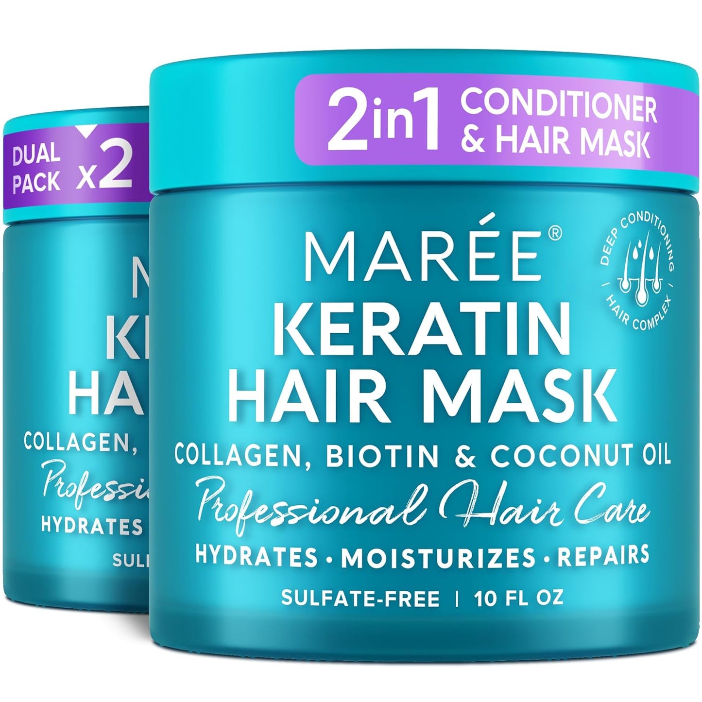 MAREE Deep Conditioning Hair Mask for Damaged Hair Treatment 2 PACK - Keratin Hair Care for Hydrating Growth Repair Moisturizing - Dry Curly Color Treated Frizzy - Tratamiento Mascarilla Para Cabello
