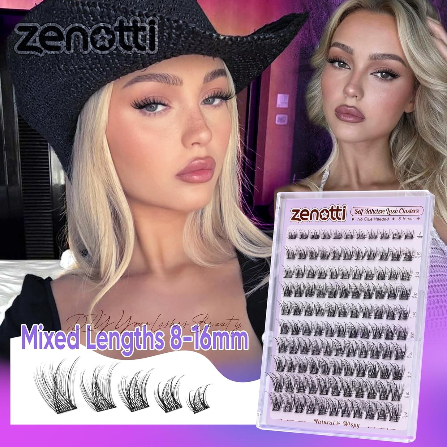 Self Adhesive Eyelash Clusters Natural Self Adhesive Lashes Cluster No Glue Eyelashes Press on Lashes Pre Glued Wispy Cluster Eyelash Extensions 8-16mm 120Pcs by zenotti