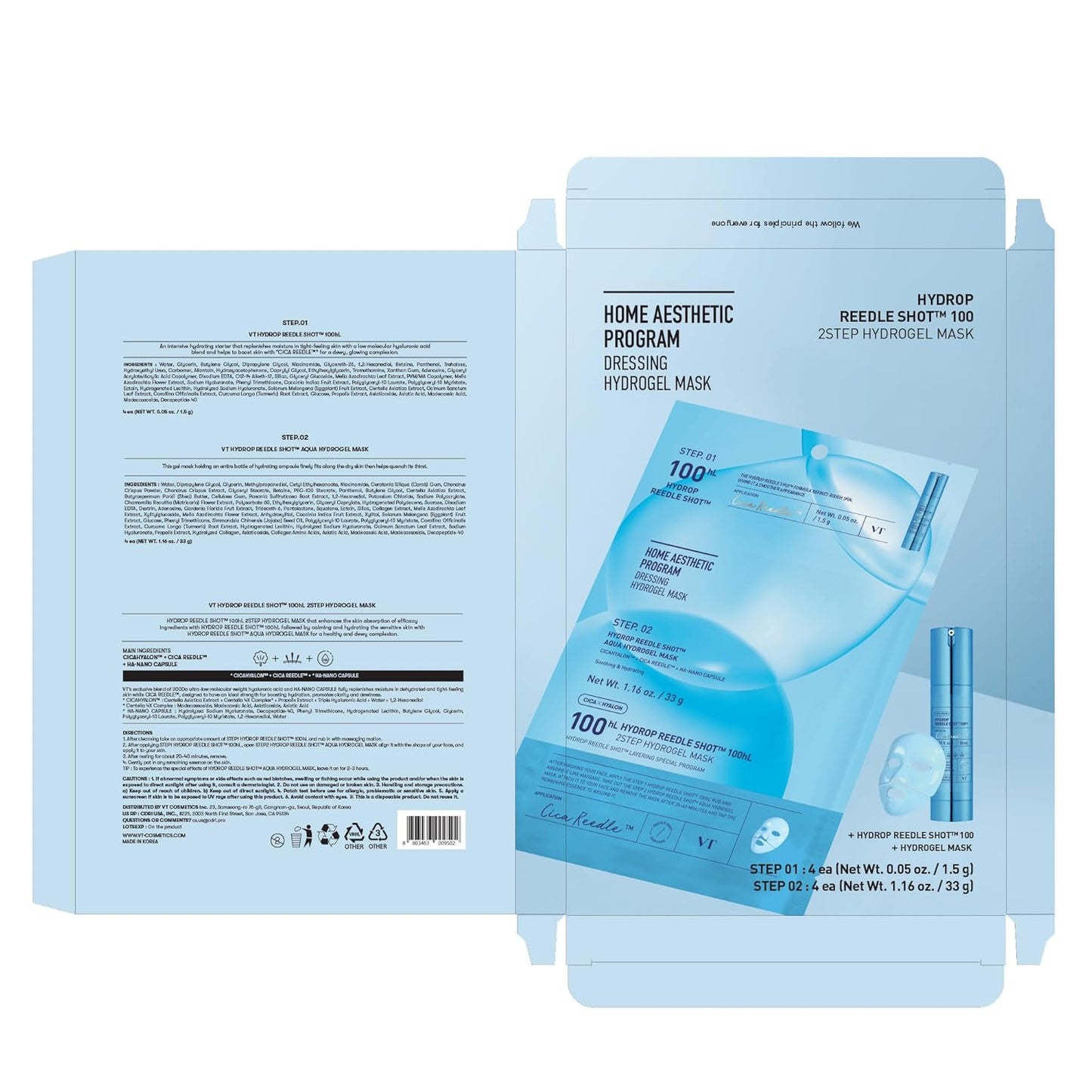 VT COSMETICS Hydrop Reedle Shot 100hl 2-Step Hydrogel Mask(34.5gx4ea), Intensive Hydrating, Exosome Hyaluronic Acid, Dewy & Glass Skin, Overnight Melting Mask, Korean Facial Mask