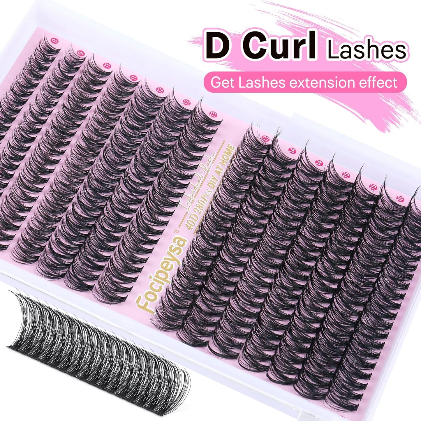 Focipeysa Eyelash Extension Kit D Curl Lash Clusters 280pcs DIY Lash Extension Kit 40D Individual Lashes with Lash Bond and Seal Lash Applicator DIY Lashes Kit for Individual Eyelashes Beginners