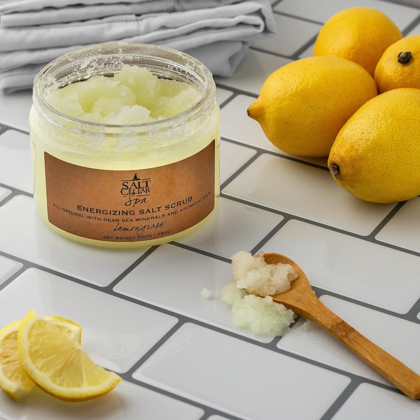 Salt Cellar Spa Energizing Lemongrass Salt Scrub - Awaken Your Skin with Dead Sea Minerals - Revive, Refresh, and Rejuvenate - Made in Israel, Cruelty-Free, 18 oz.
