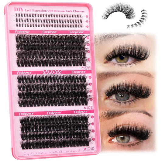 Focipeysa Cluster Eyelash Extensions Fluffy Eyelash Clusters with Bottom Lashes 14-20mm Lash Clusters 315pcs Individual Eyelash DIY Lash Extension for Beginners (60D 80D 100D Mixed)