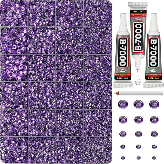 30000Pcs Resin Rhinestones Set for Crafting Bedazzling, Lavender Flatback Gems Jewels for Crafts Clothes Shoes Fabric Outfit Nails Makeup, Flat Back Crystal 2-6mm with b 7000 Glue